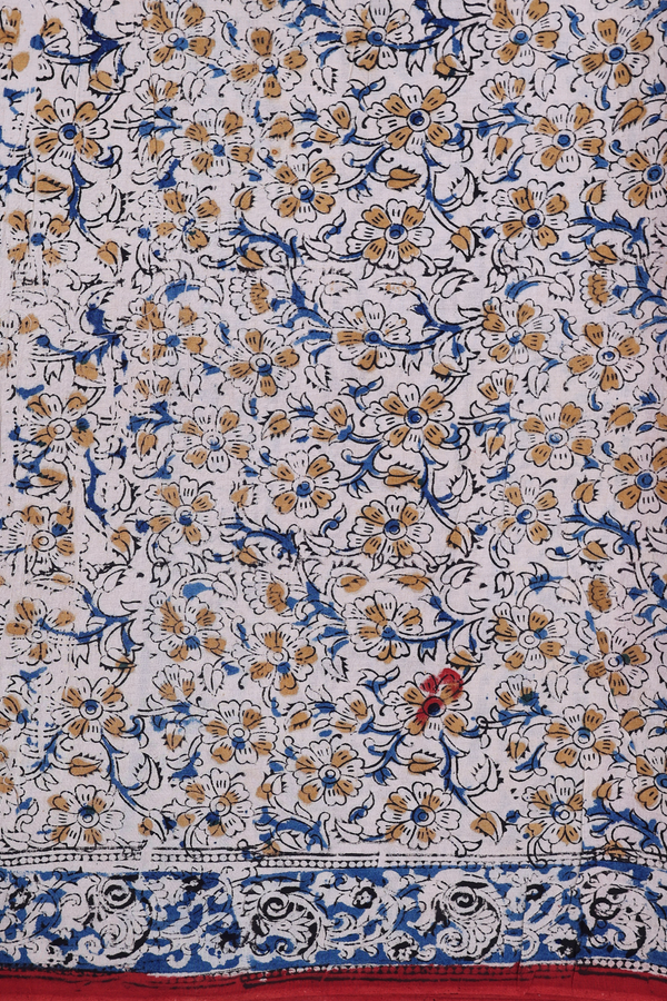 Kalamkari Cotton Saree In Brick Red With Floral Design