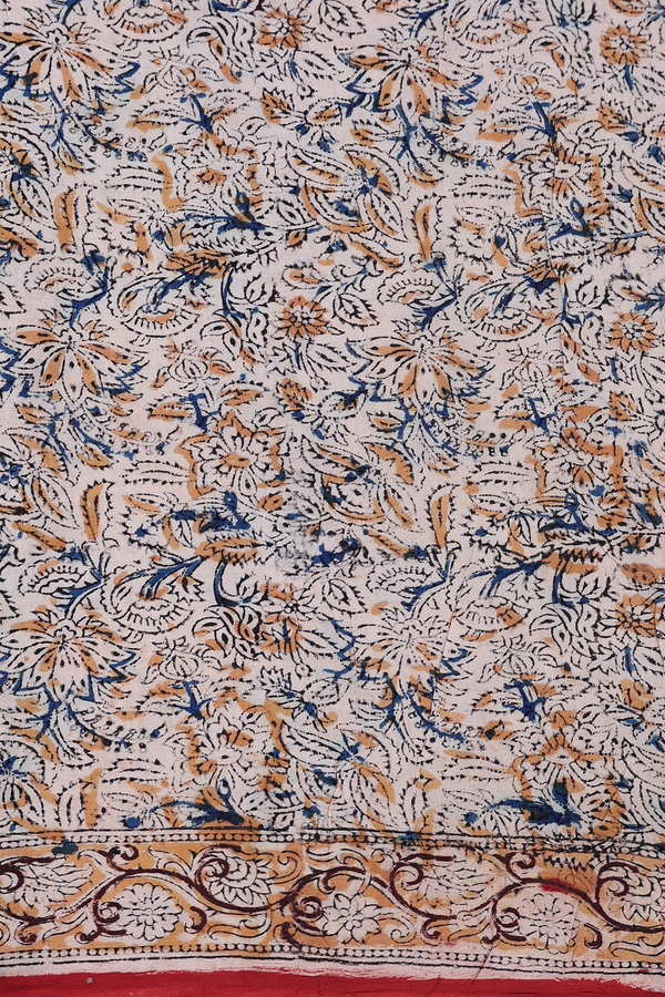 Kalamkari Cotton Saree In Brick Red With Floral Design