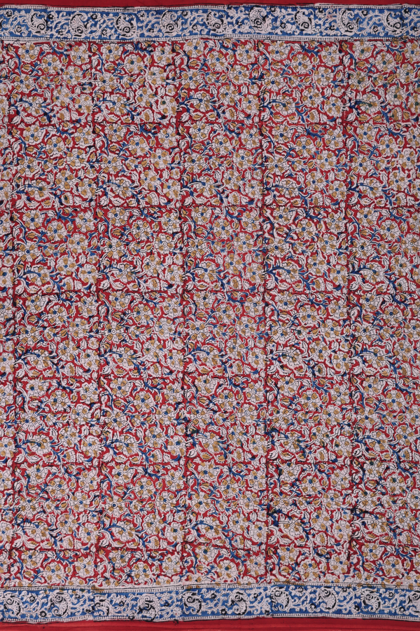 Kalamkari Cotton Saree In Brick Red With Floral Design