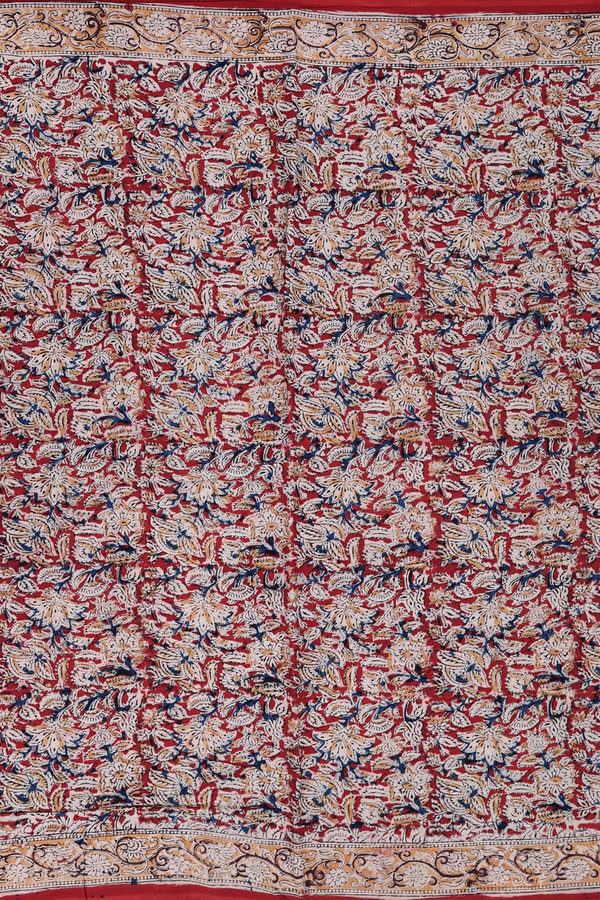 Kalamkari Cotton Saree In Brick Red With Floral Design