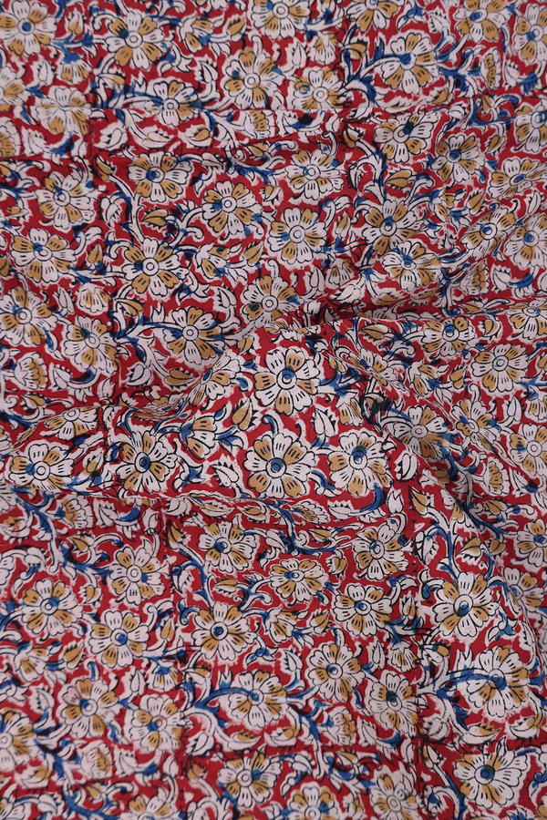 Kalamkari Cotton Saree In Brick Red With Floral Design