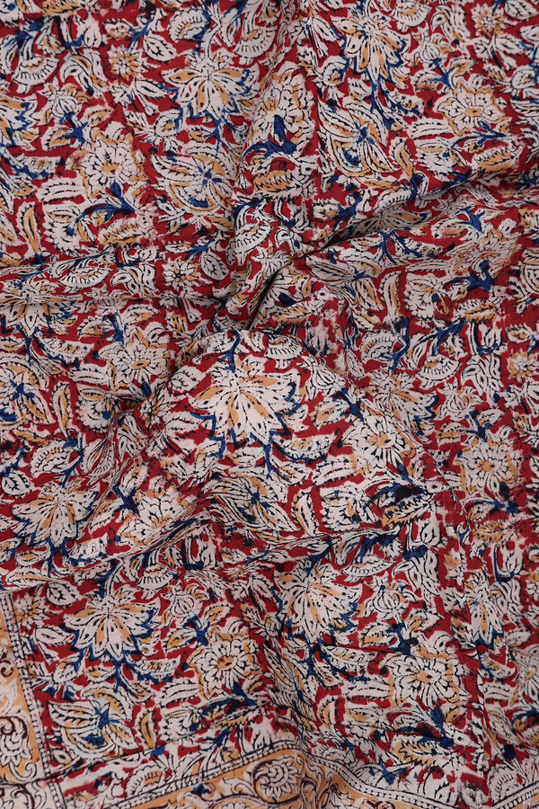 Kalamkari Cotton Saree In Brick Red With Floral Design