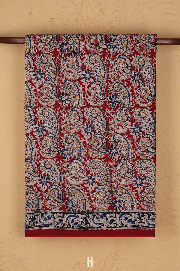 Kalamkari Cotton Saree In Brick Red With Paisley Design