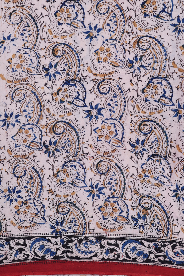 Kalamkari Cotton Saree In Brick Red With Paisley Design