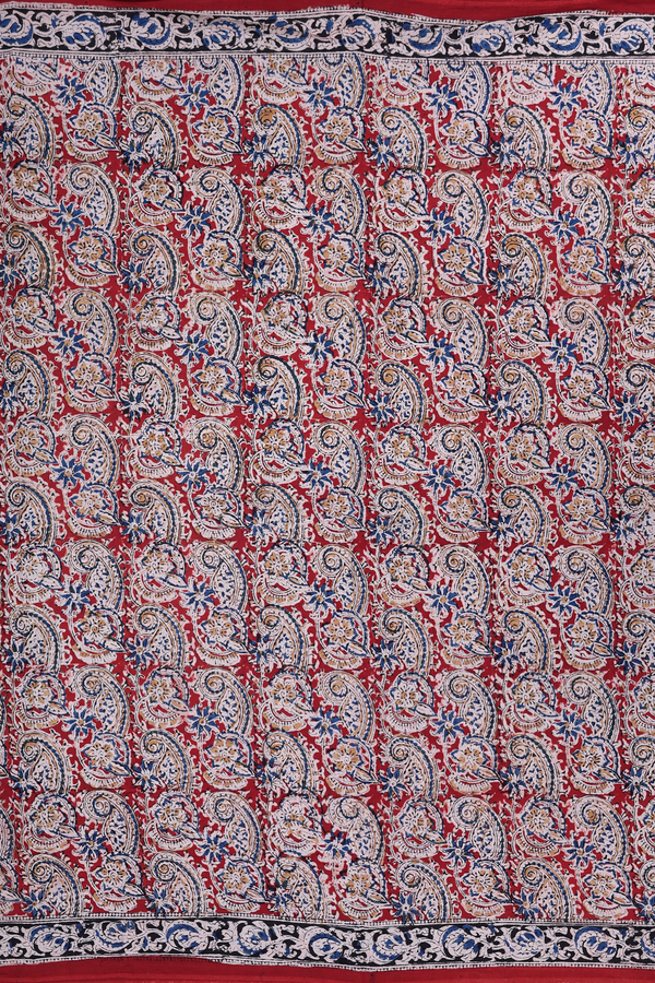 Kalamkari Cotton Saree In Brick Red With Paisley Design