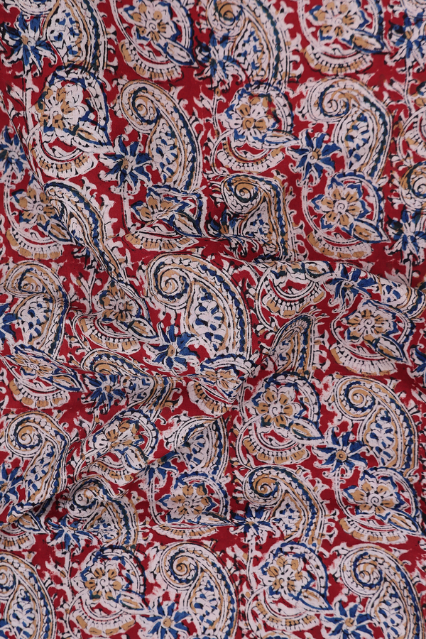 Kalamkari Cotton Saree In Brick Red With Paisley Design