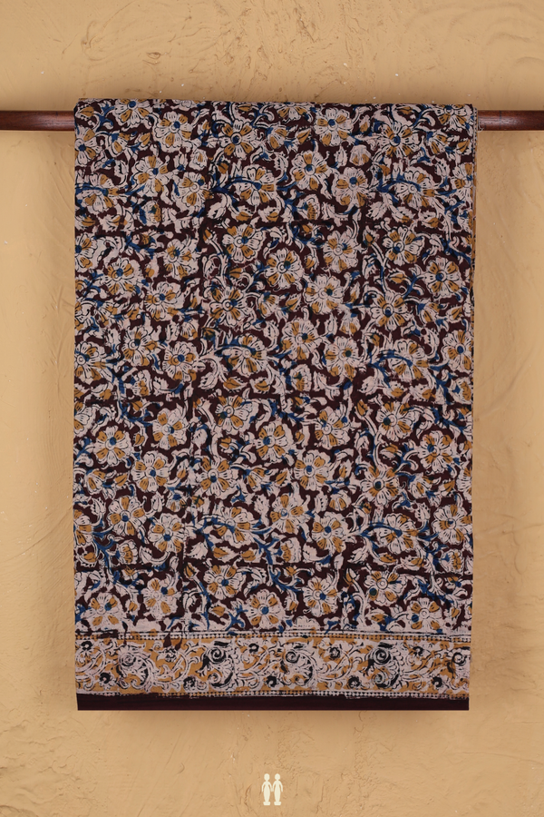 Kalamkari Cotton Saree In Brown With Floral Design