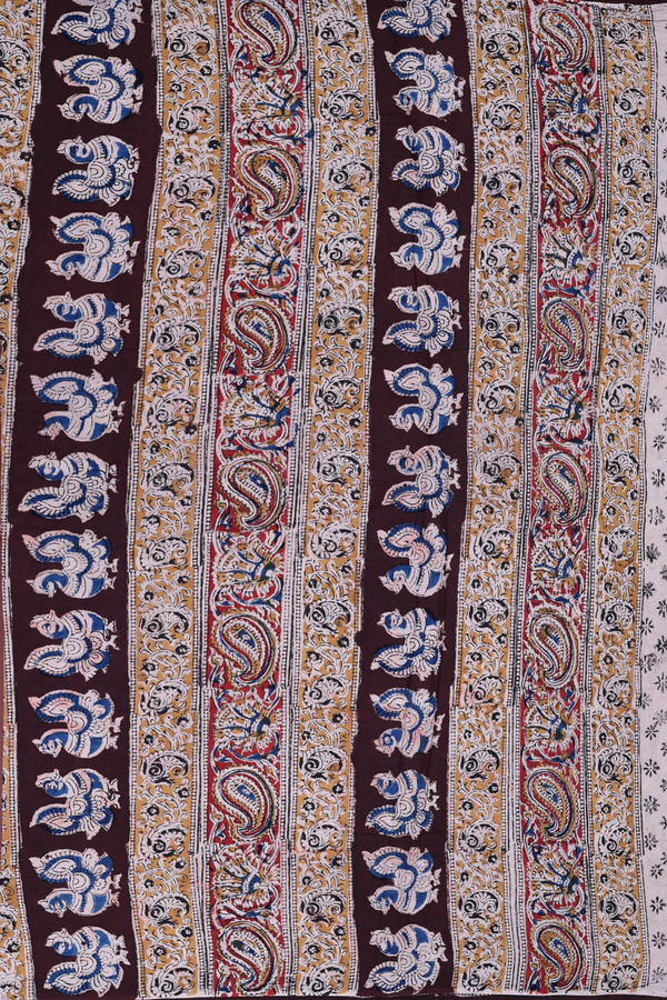 Kalamkari Cotton Saree In Brown With Floral Design