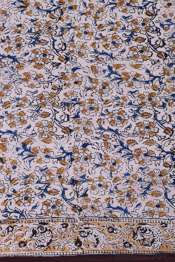 Kalamkari Cotton Saree In Brown With Floral Design