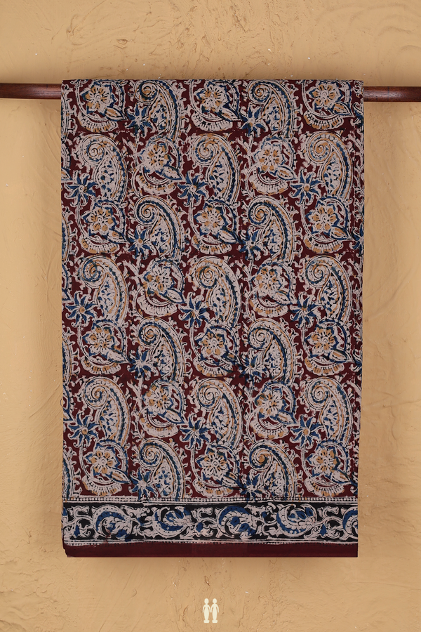 Kalamkari Cotton Saree In Chocolate Brown With Floral Design