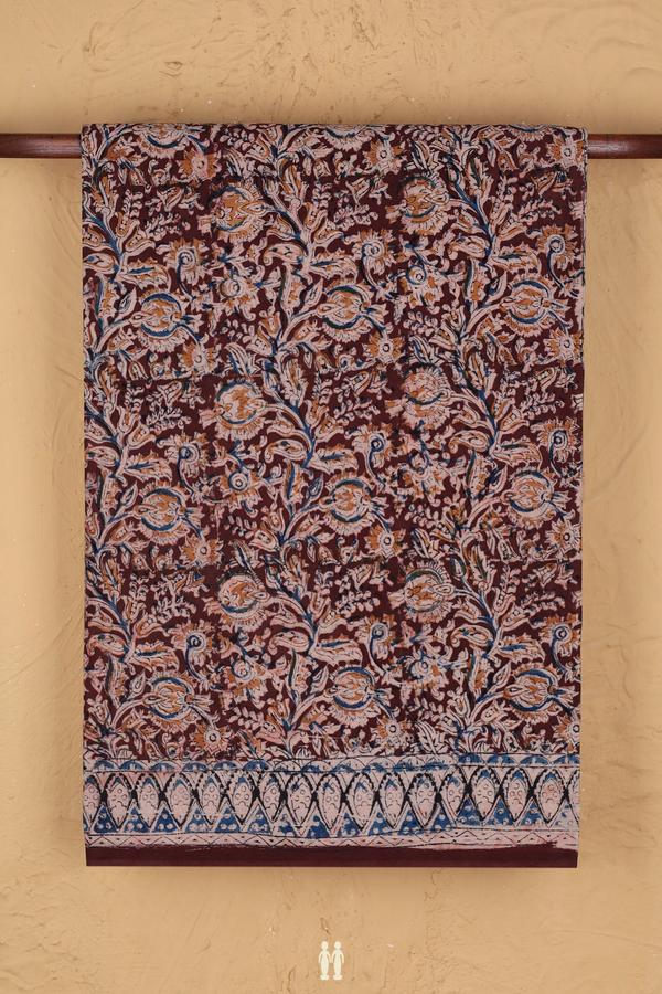Kalamkari Cotton Saree In Chocolate Brown With Floral Design