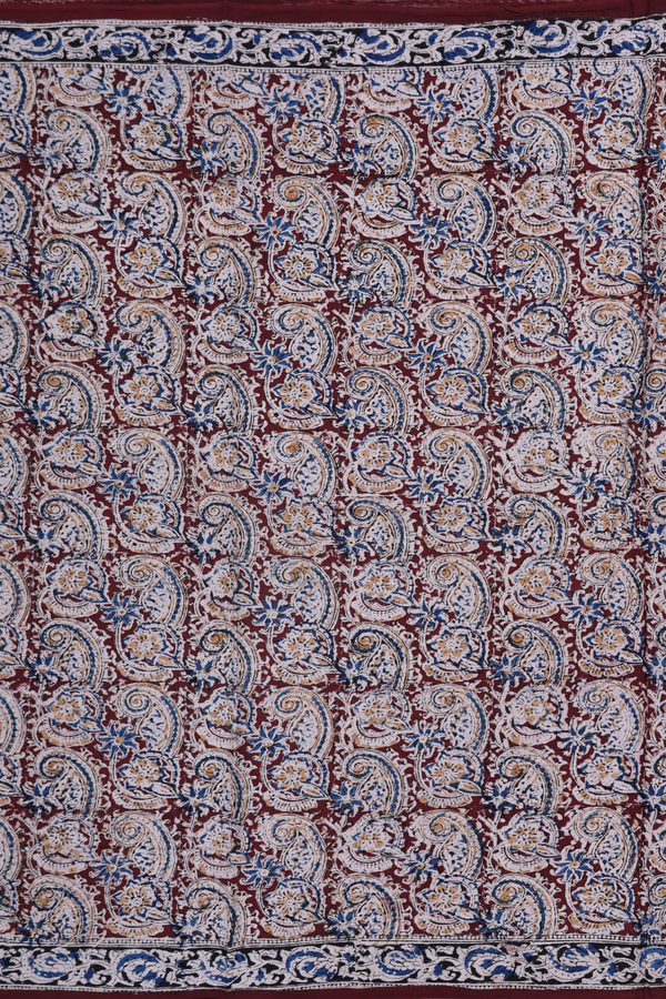Kalamkari Cotton Saree In Chocolate Brown With Floral Design