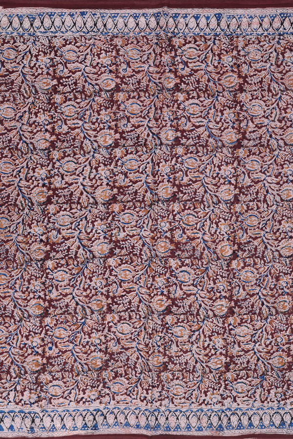 Kalamkari Cotton Saree In Chocolate Brown With Floral Design