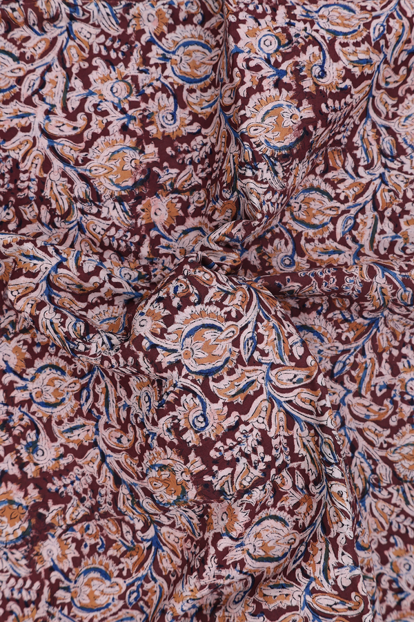 Kalamkari Cotton Saree In Chocolate Brown With Floral Design