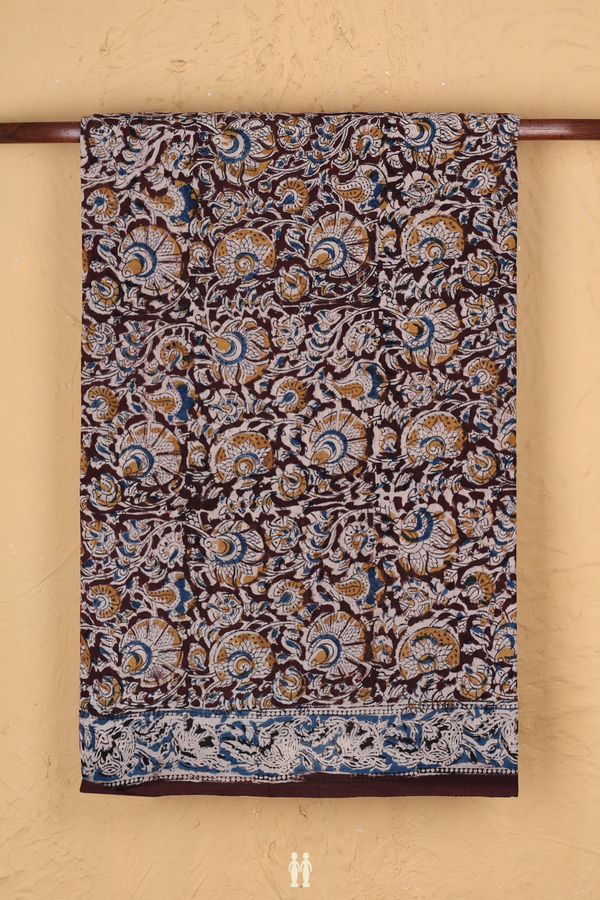Kalamkari Cotton Saree In Coffee Brown With Floral Design