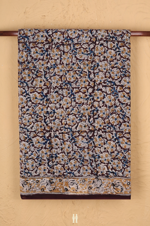 Kalamkari Cotton Saree In Coffee Brown With Floral Design