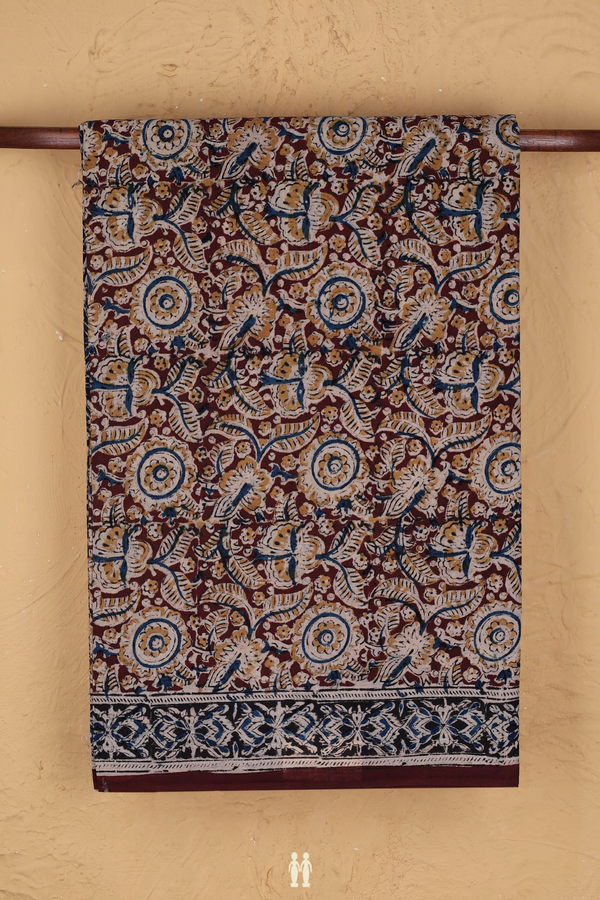 Kalamkari Cotton Saree In Coffee Brown With Floral Design