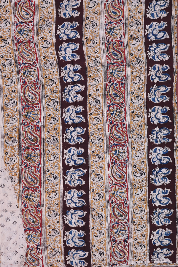 Kalamkari Cotton Saree In Coffee Brown With Floral Design
