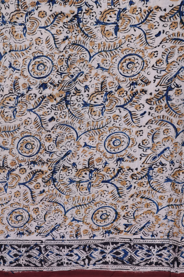 Kalamkari Cotton Saree In Coffee Brown With Floral Design