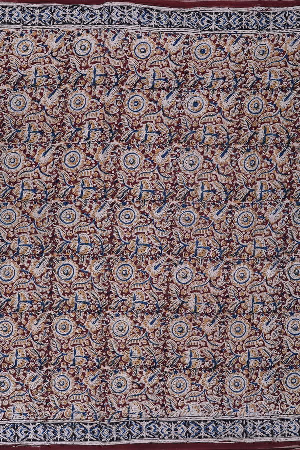Kalamkari Cotton Saree In Coffee Brown With Floral Design