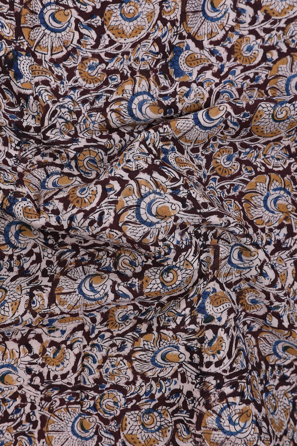 Kalamkari Cotton Saree In Coffee Brown With Floral Design