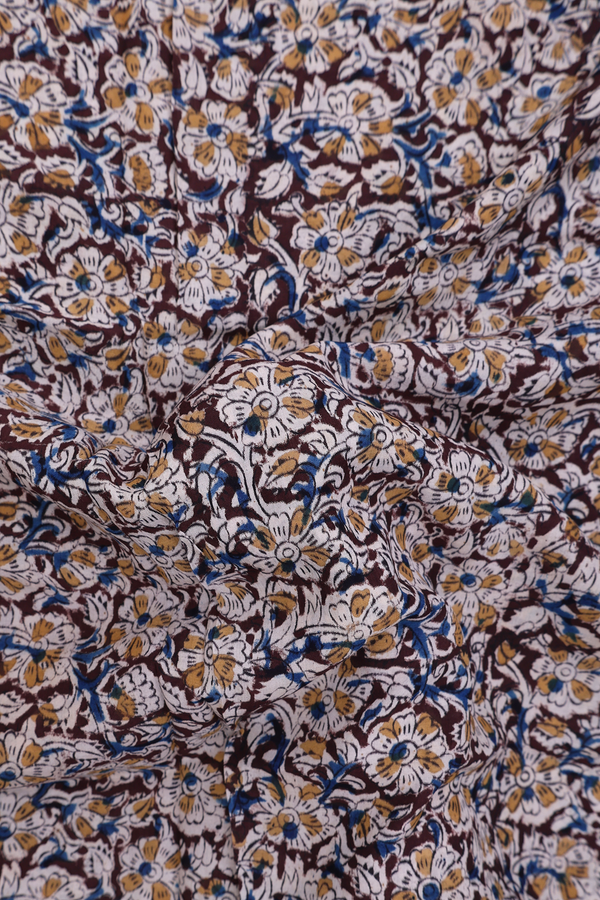 Kalamkari Cotton Saree In Coffee Brown With Floral Design