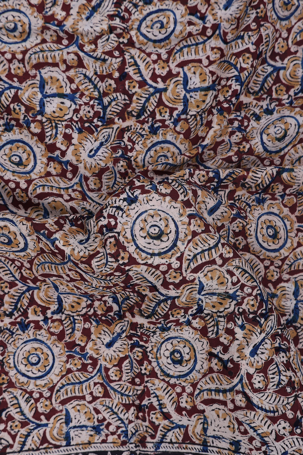 Kalamkari Cotton Saree In Coffee Brown With Floral Design