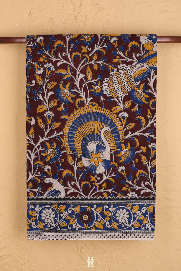 Kalamkari Cotton Saree In Coffee Brown With Peacock Design