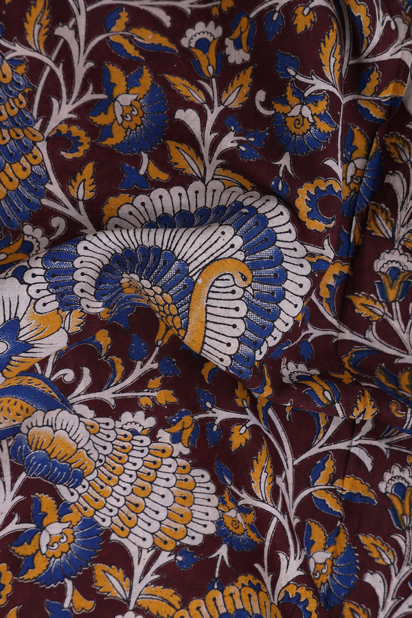 Kalamkari Cotton Saree In Coffee Brown With Peacock Design