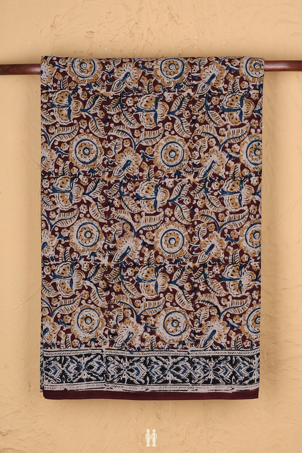 Kalamkari Cotton Saree In Dark Maroon With Floral Design