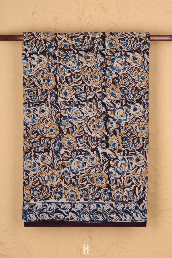 Kalamkari Cotton Saree In Dark Maroon With Floral Design