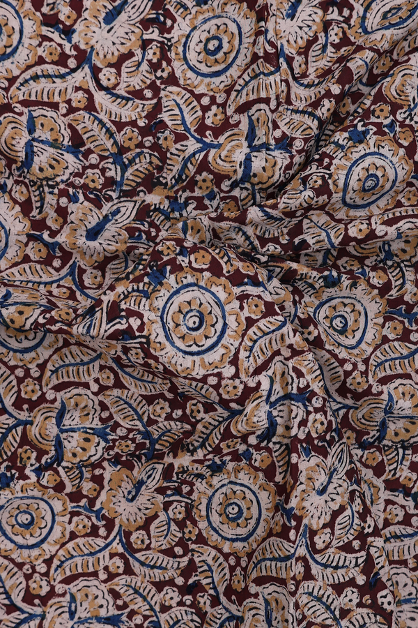Kalamkari Cotton Saree In Dark Maroon With Floral Design