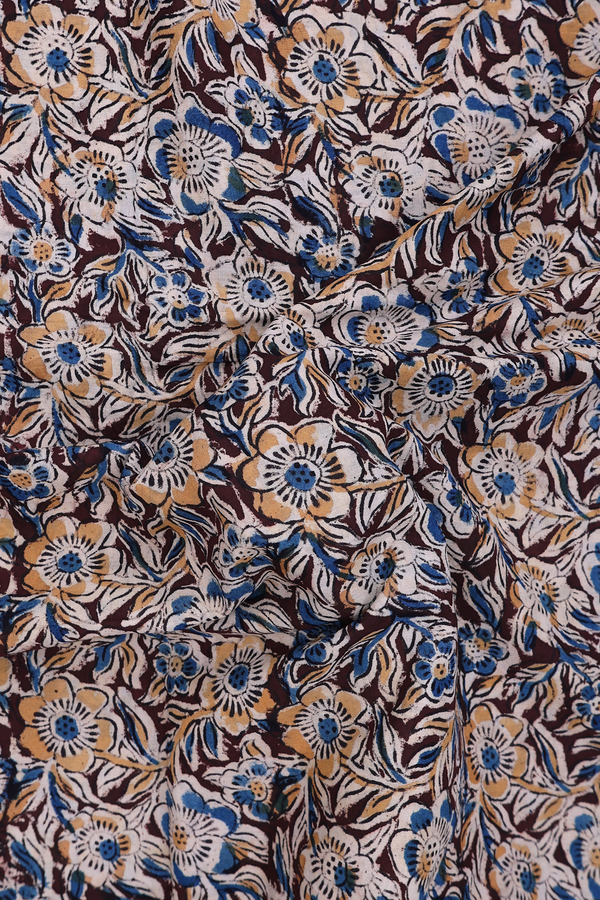 Kalamkari Cotton Saree In Dark Maroon With Floral Design