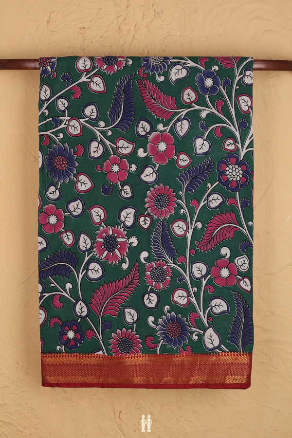 Kalamkari Cotton Saree In Emerald Green With Floral Design