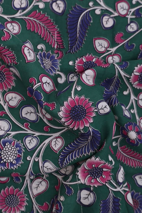Kalamkari Cotton Saree In Emerald Green With Floral Design