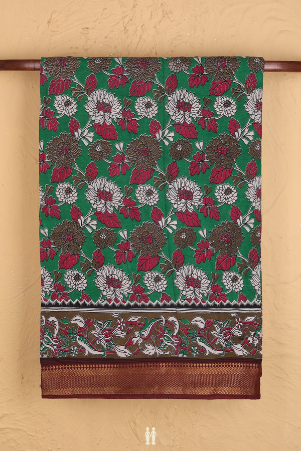 Kalamkari Cotton Saree In Green With Floral Design