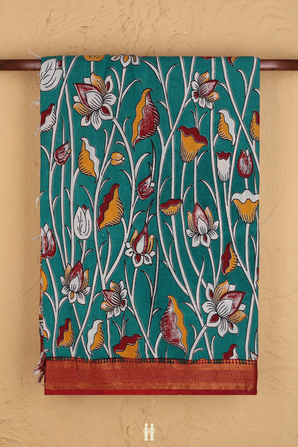 Kalamkari Cotton Saree In Green With Floral Design