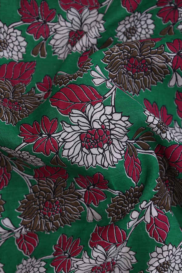 Kalamkari Cotton Saree In Green With Floral Design