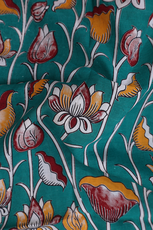 Kalamkari Cotton Saree In Green With Floral Design