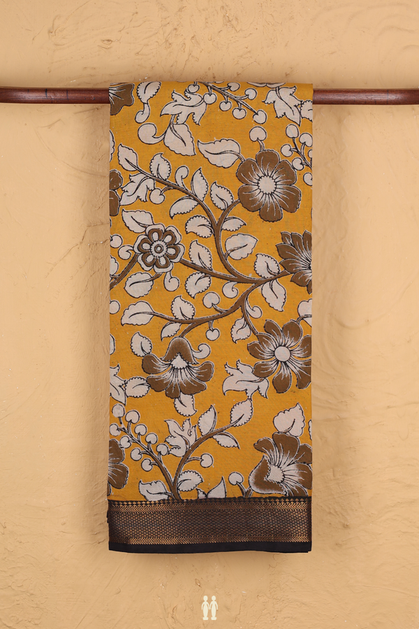 Kalamkari Silk Cotton Saree Yellow With Floral Printed Design