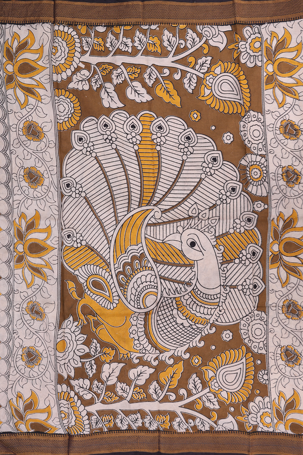 Kalamkari Silk Cotton Saree Yellow With Floral Printed Design