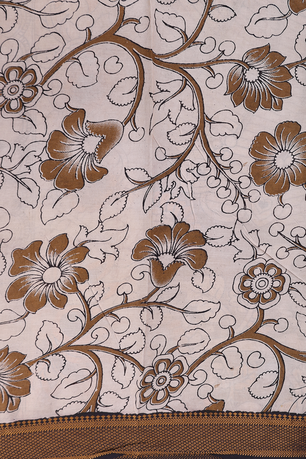 Kalamkari Silk Cotton Saree Yellow With Floral Printed Design
