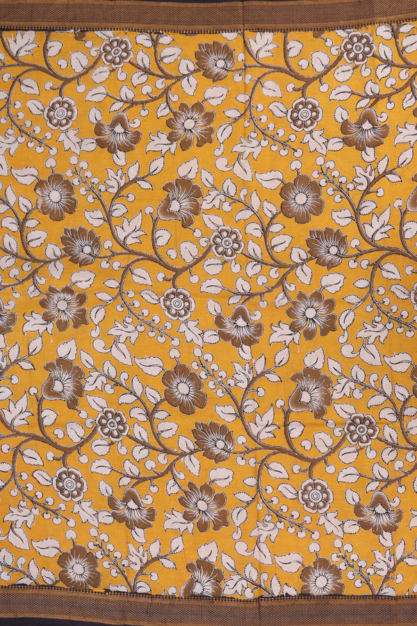 Kalamkari Silk Cotton Saree Yellow With Floral Printed Design