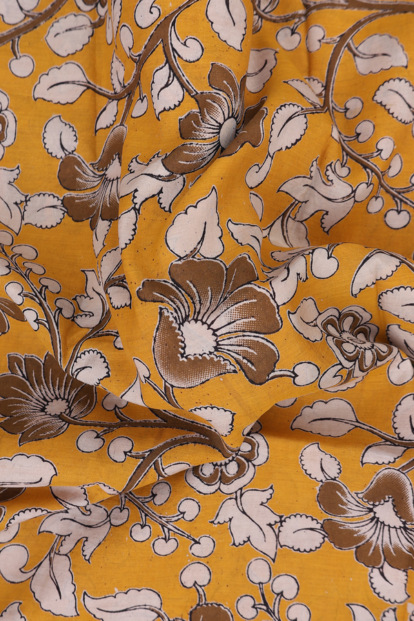 Kalamkari Silk Cotton Saree Yellow With Floral Printed Design