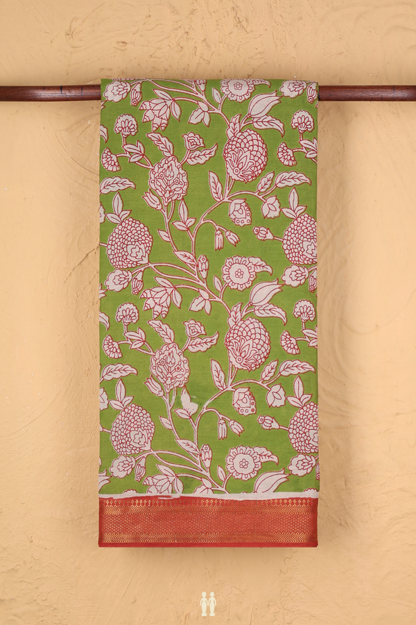 Kalamkari Cotton Saree In Lime Green With Floral Design