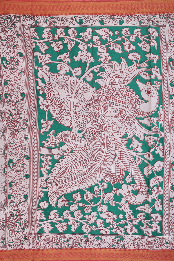 Kalamkari Cotton Saree In Lime Green With Floral Design