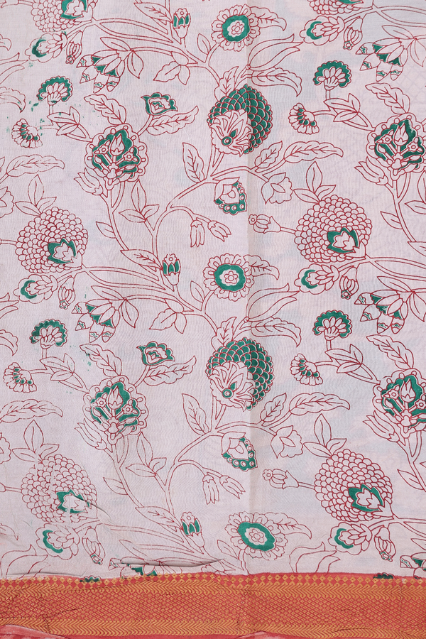 Kalamkari Cotton Saree In Lime Green With Floral Design