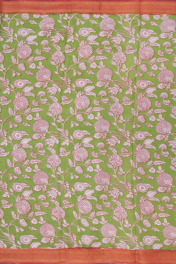 Kalamkari Cotton Saree In Lime Green With Floral Design