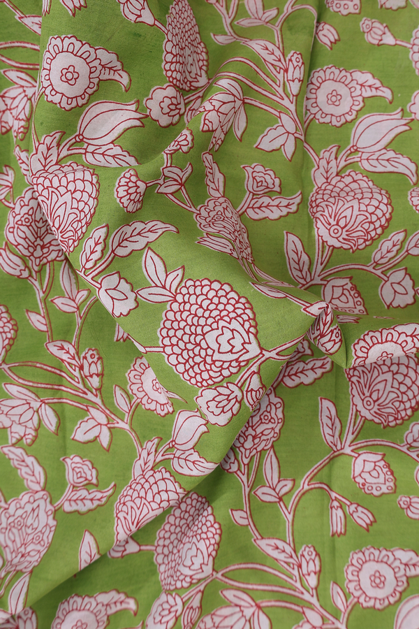 Kalamkari Cotton Saree In Lime Green With Floral Design