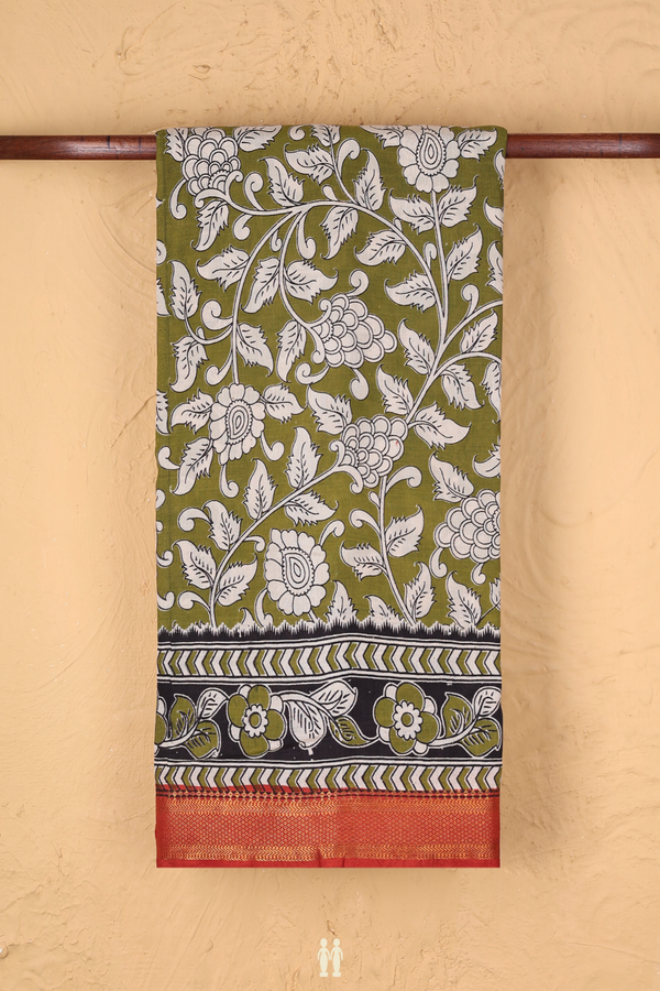 Kalamkari Cotton Saree In Olive Green With Floral Design